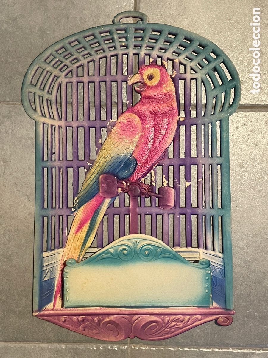 Antiquit&auml;ten: Panel modernista decorativo. Loro en jaula. Cart&oacute;n troquelado