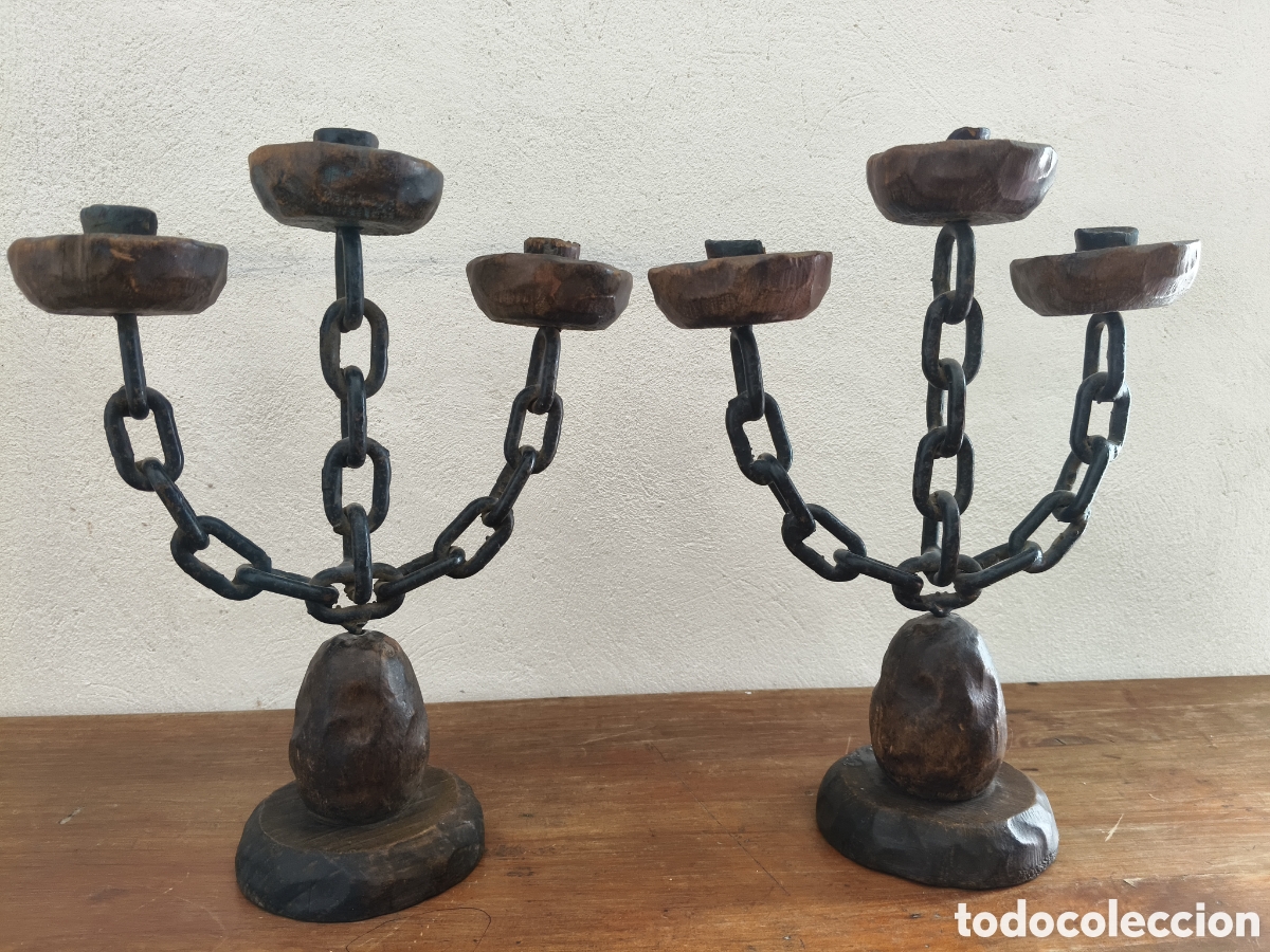 Antig&uuml;edades: Antiguos candelabros de madera y hierro dise&ntilde;o brutalista a&ntilde;os 50 brutalismo