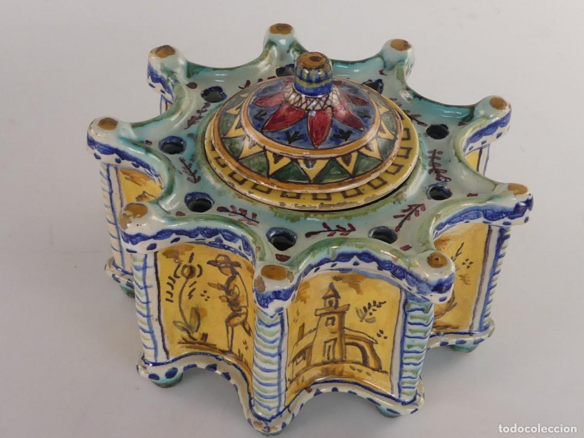 Oggetti Antichi: ANTIGUO TINTERO DE CERAMICA DECORADO A MANO