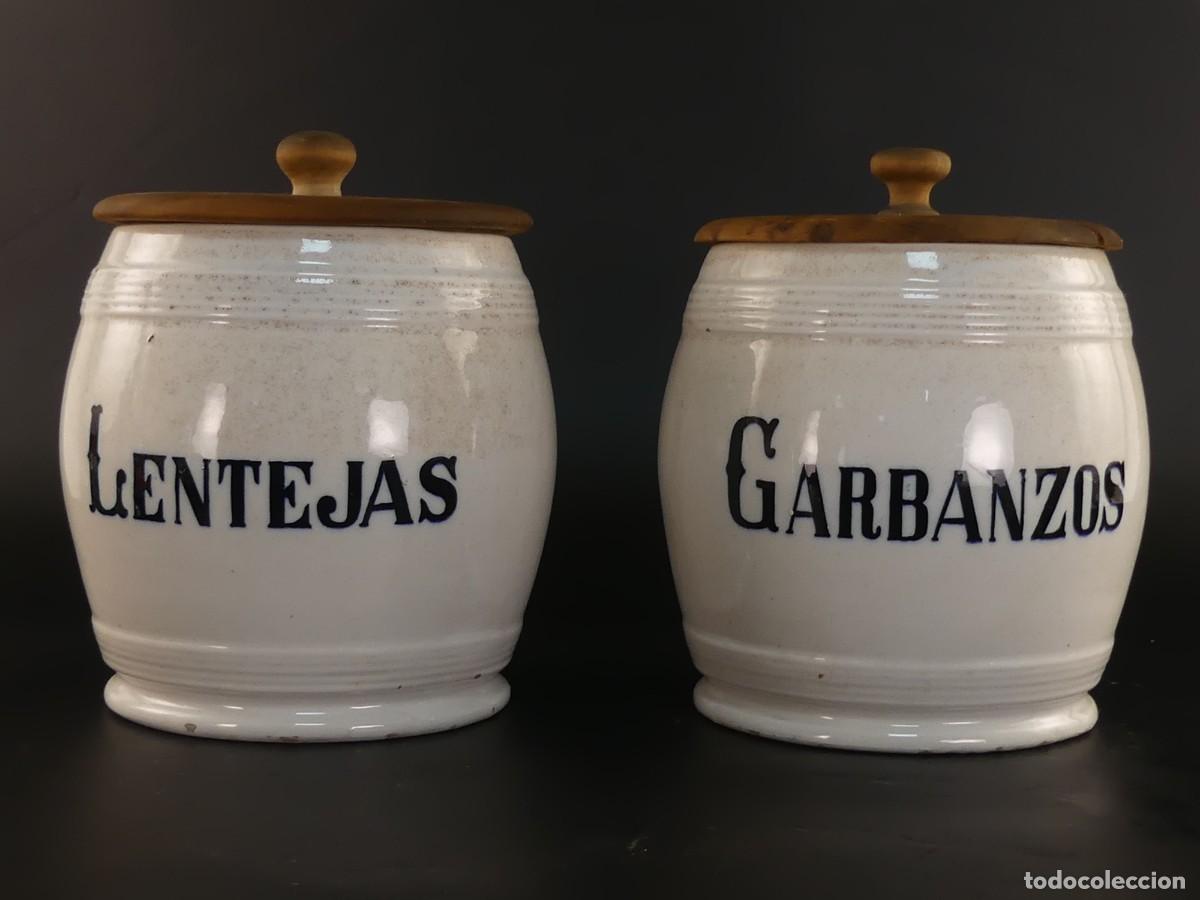 Oggetti Antichi: BOTES DE COCINA DE PORCELANA Y MADERA LENTEJAS Y GARBANZOS