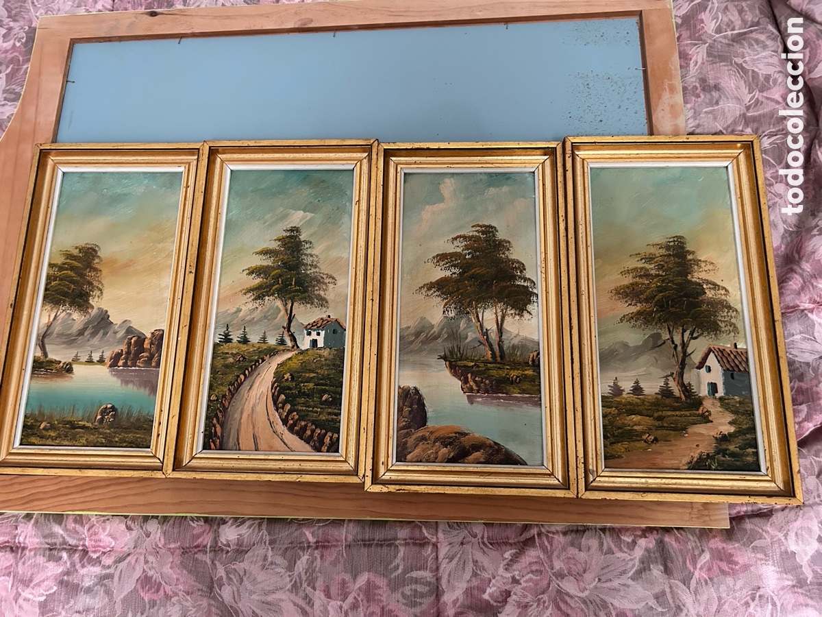 Antig&uuml;edades: Lote de 4 cuadros vintage - Paisajes al &oacute;leo con marco dorado