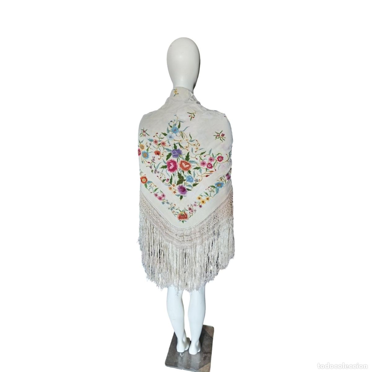 Antig&uuml;edades: Mant&oacute;n De Manila Antiguo En Seda crema - Bordado - 170x170