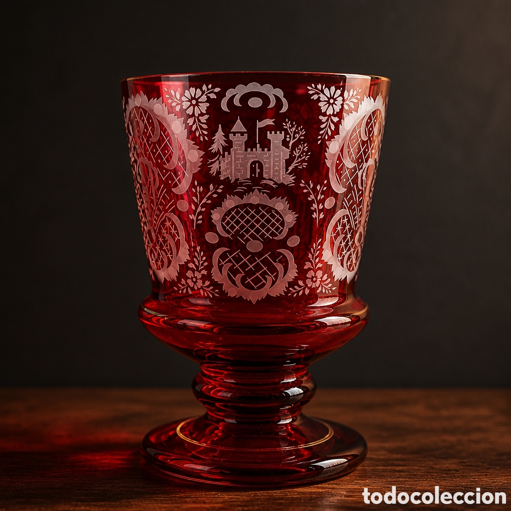 Antig&uuml;edades: JARRON EN FORMA DE COPA . CRISTAL ROJO GRABADO AL ACIDO Y CON DETALLES EN ORO. 19 CM DE ALTO