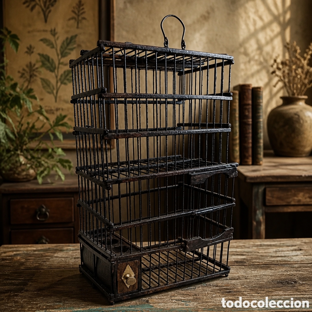 Antig&uuml;edades: ANTIGUA JAULA DOBLE PARA PAJAROS . ARTESANAL . 35&times;20&times;12 cm