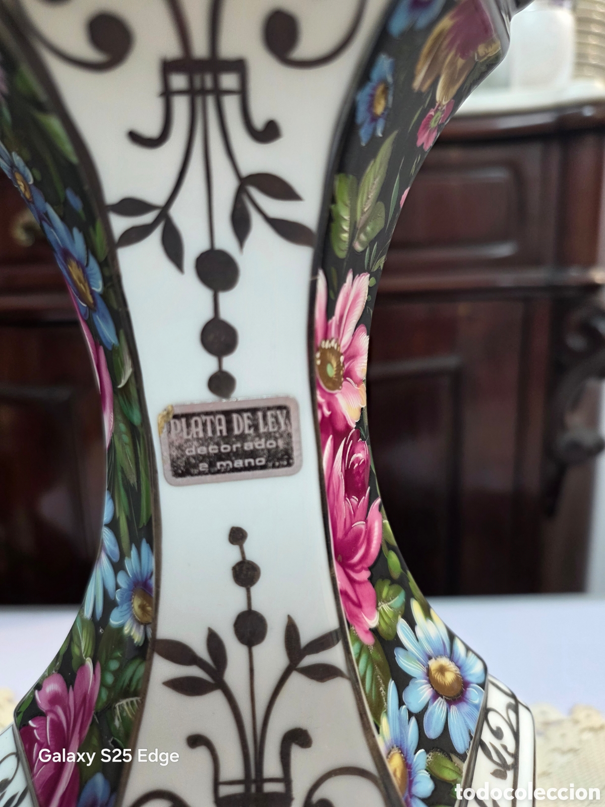 Antig&uuml;edades: Florero pintado a mano con plata de ley - Foto 2