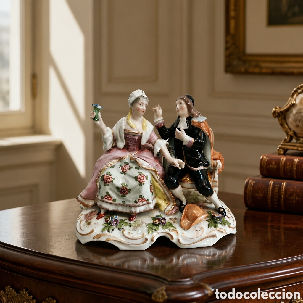 Antig&uuml;edades: PAREJA GALANTE . PORCELANA ALEMANA . SIGLO XIX . 11&times;13 cm
