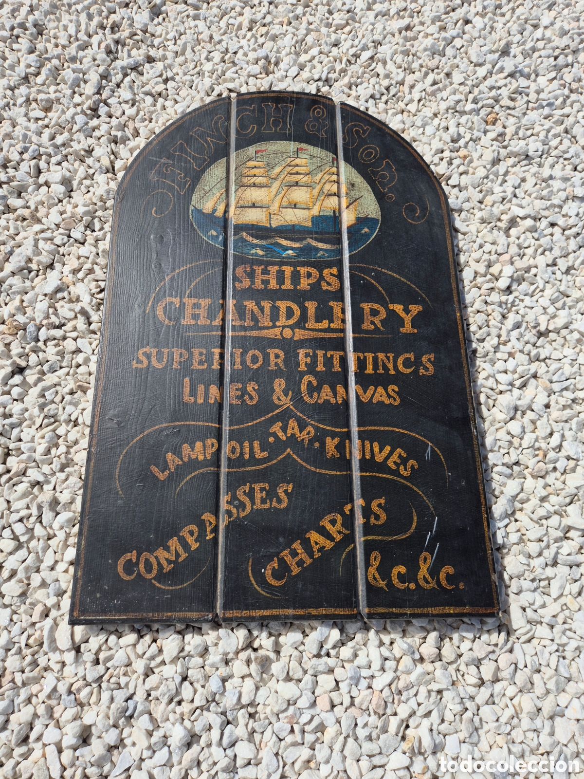 Antig&uuml;edades: Cartel publicitario n&aacute;utico de madera vintage &rdquo;Finch & Son&rdquo; - Decoraci&oacute;n naval / estilo antiguo