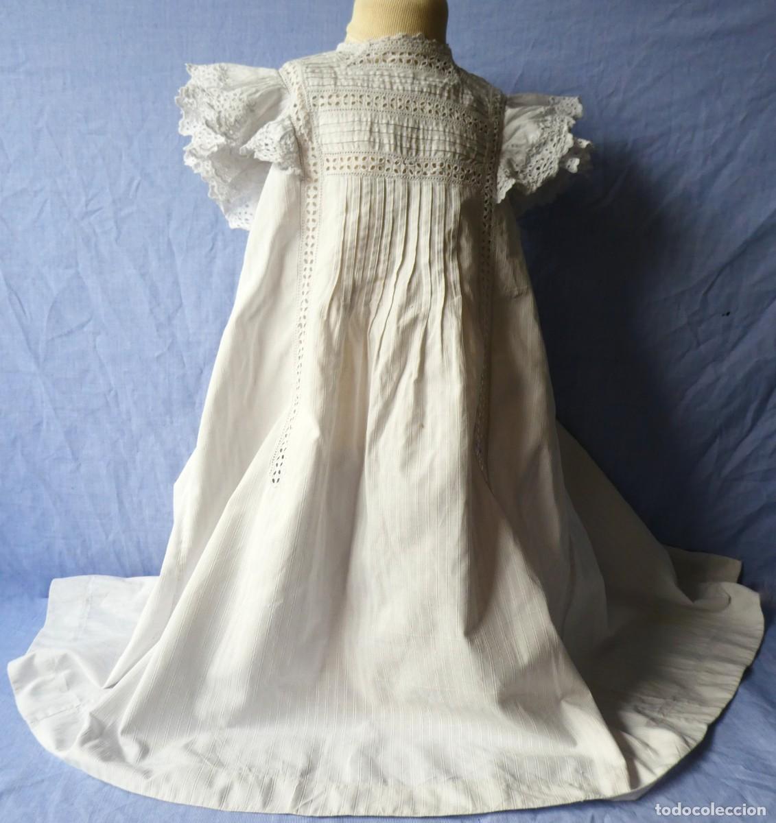 Antig&uuml;edades: ANTIGUO FALD&Oacute;N DE ALGOD&Oacute;N RAYADO Y ENCAJE SUIZO PARA NI&Ntilde;A - MU&Ntilde;ECA S.XIX