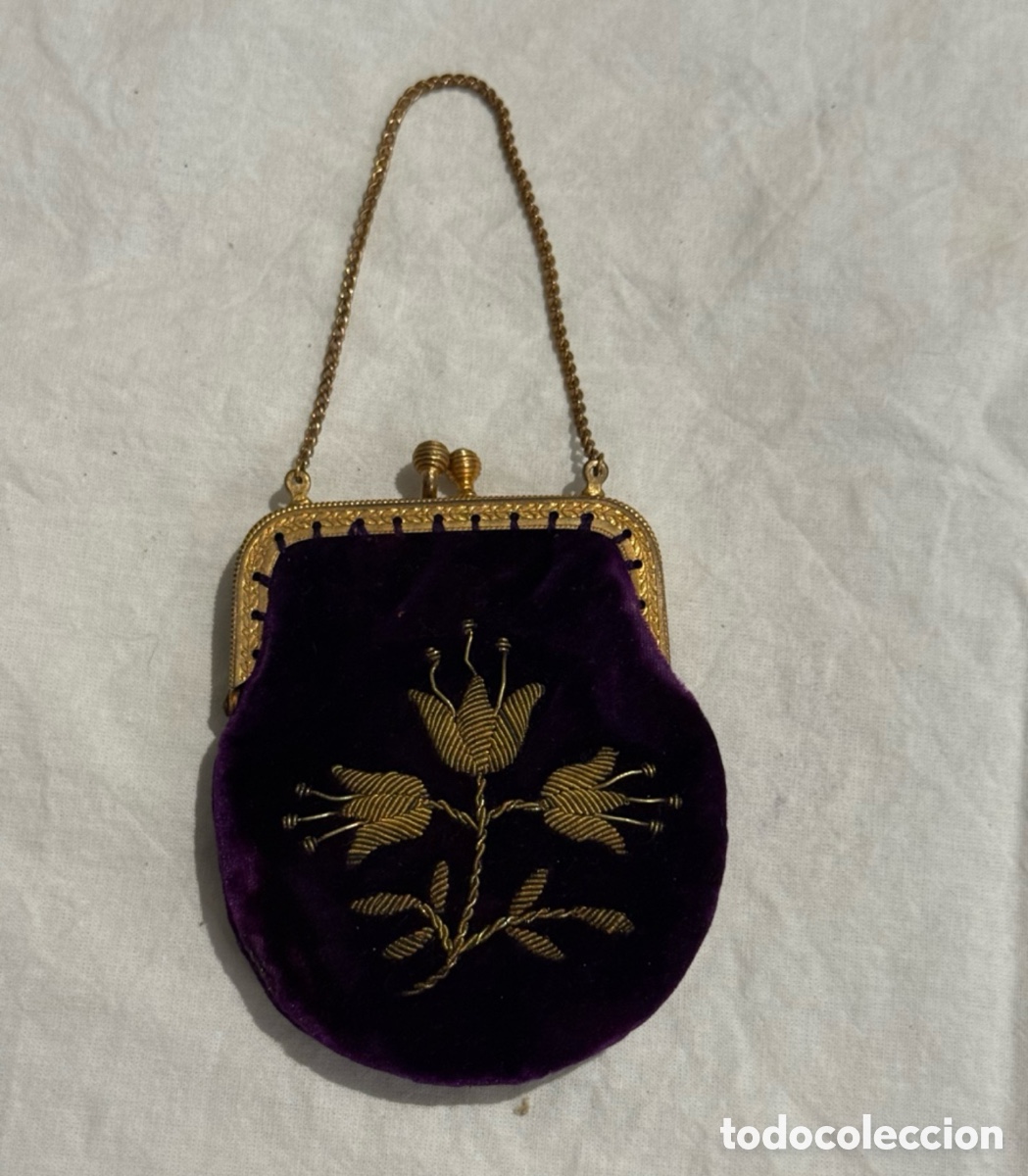 Antig&uuml;edades: Monedero original siglo XIX &ndash; Terciopelo violeta morado bordado en hilo de oro