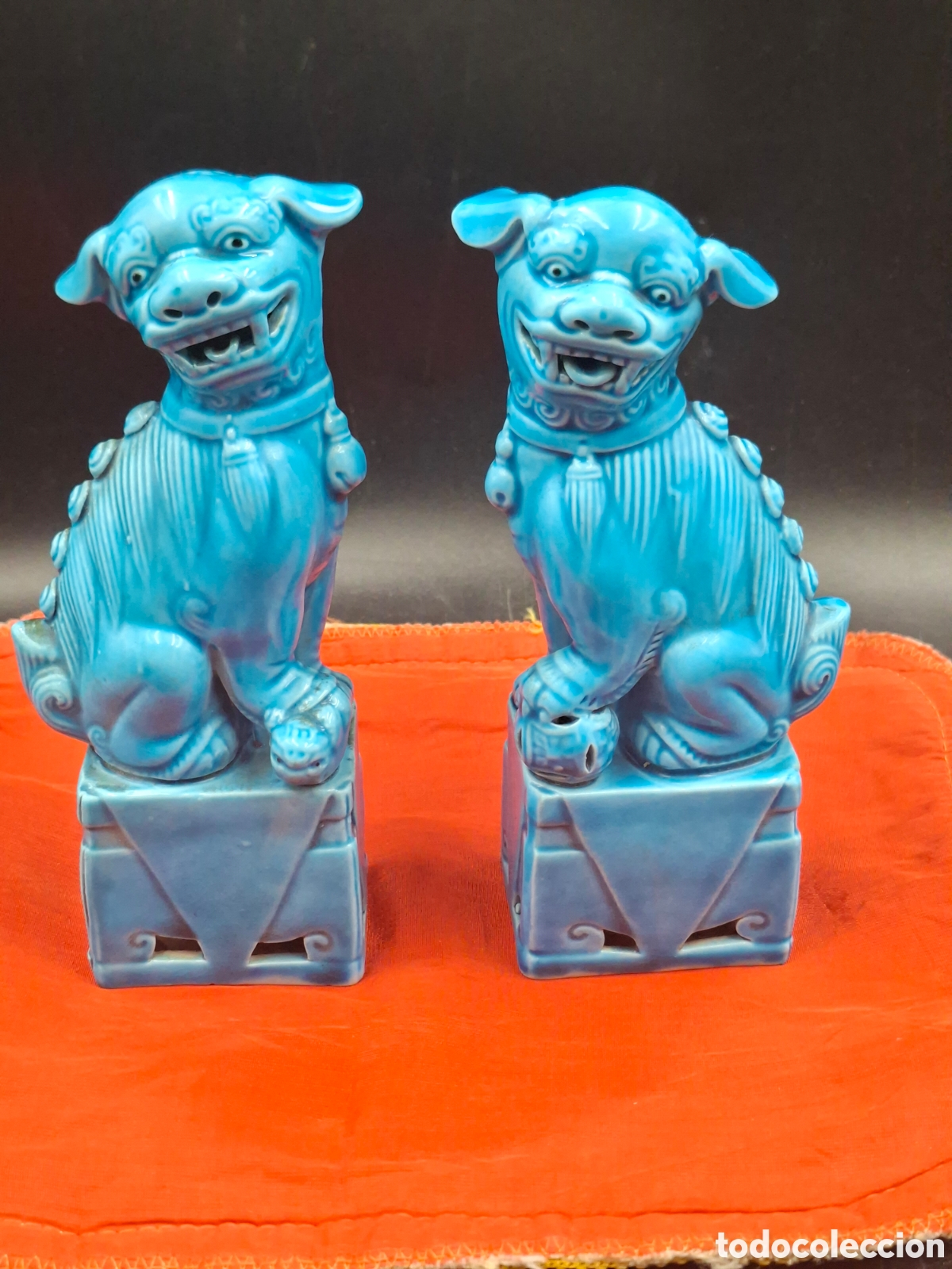 Antig&uuml;edades: Pareja perros foo l3ones guardianes 16 cm. Porcelana china azul turquesa vintage