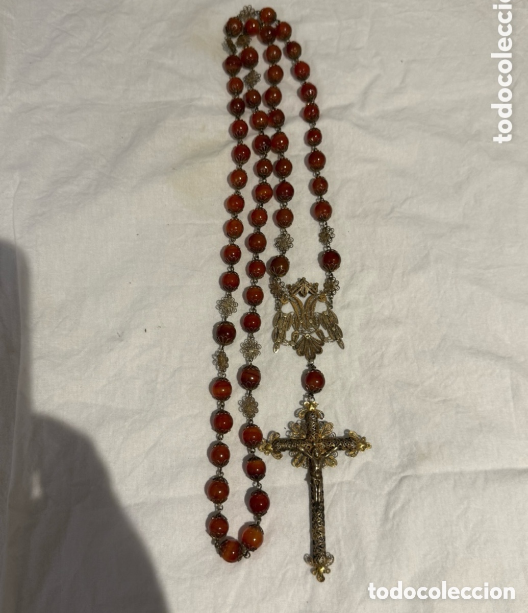 Antig&uuml;edades: Rosario de Plata Filigrana con Cornalina Aut&eacute;ntica &ndash; Siglo XIX &ndash; Gran Cruz