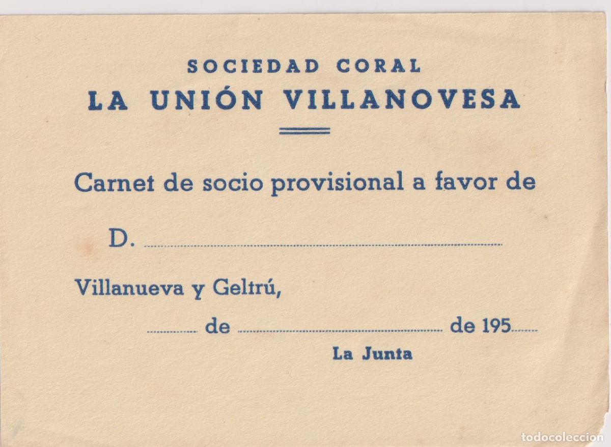 Antig&uuml;edades: CARN&Eacute; DE SOCIO PROVISIONAL EN BLANCO DE LA SOCIEDAD CORAL LA UNI&Oacute;N VILLANOVESA, DURANTE LA D&Eacute;CADA DE