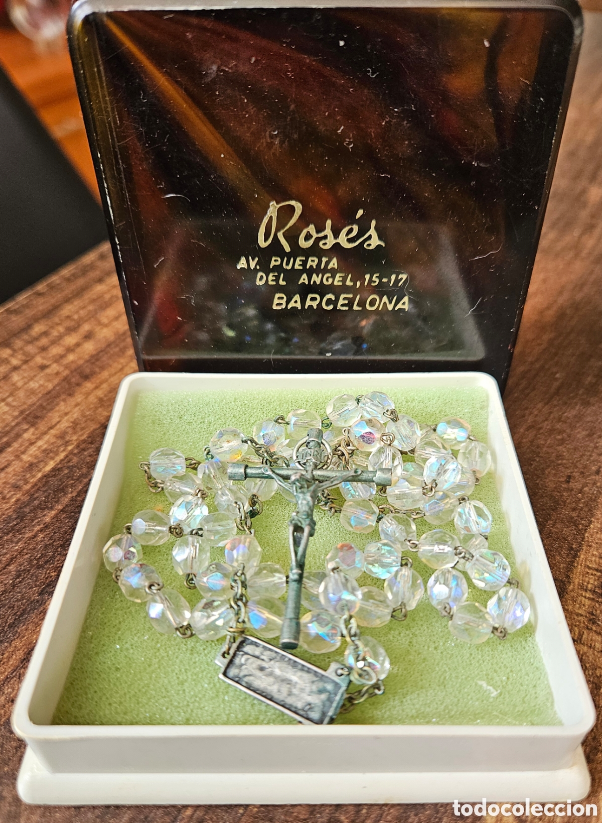 Antig&uuml;edades: Antiguo Rosario de Plata de Ley y Cristal Aurora Boreal / Cristal de Roca - Ros&eacute;s Barcelona C. 1960