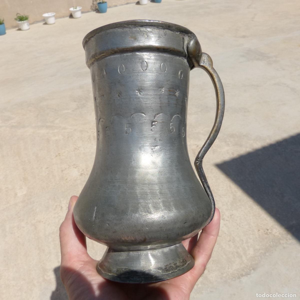 Antig&uuml;edades: Antigua y curiosa jarra de cobre esta&ntilde;ado, numero 5, 19cm, 764gr.