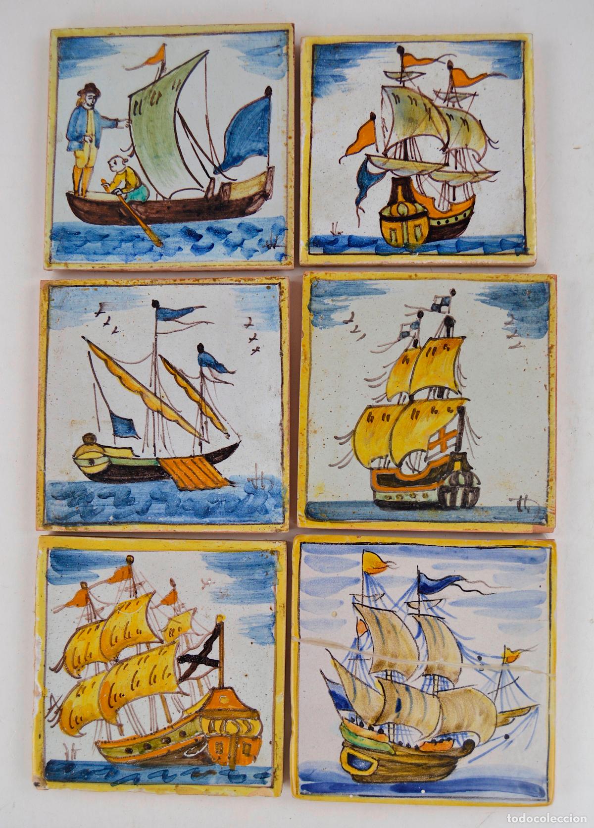 Antiquit&auml;ten: Lote de 6 azulejos de cer&aacute;mica, motivo n&aacute;utico, barcos, siglo XX.