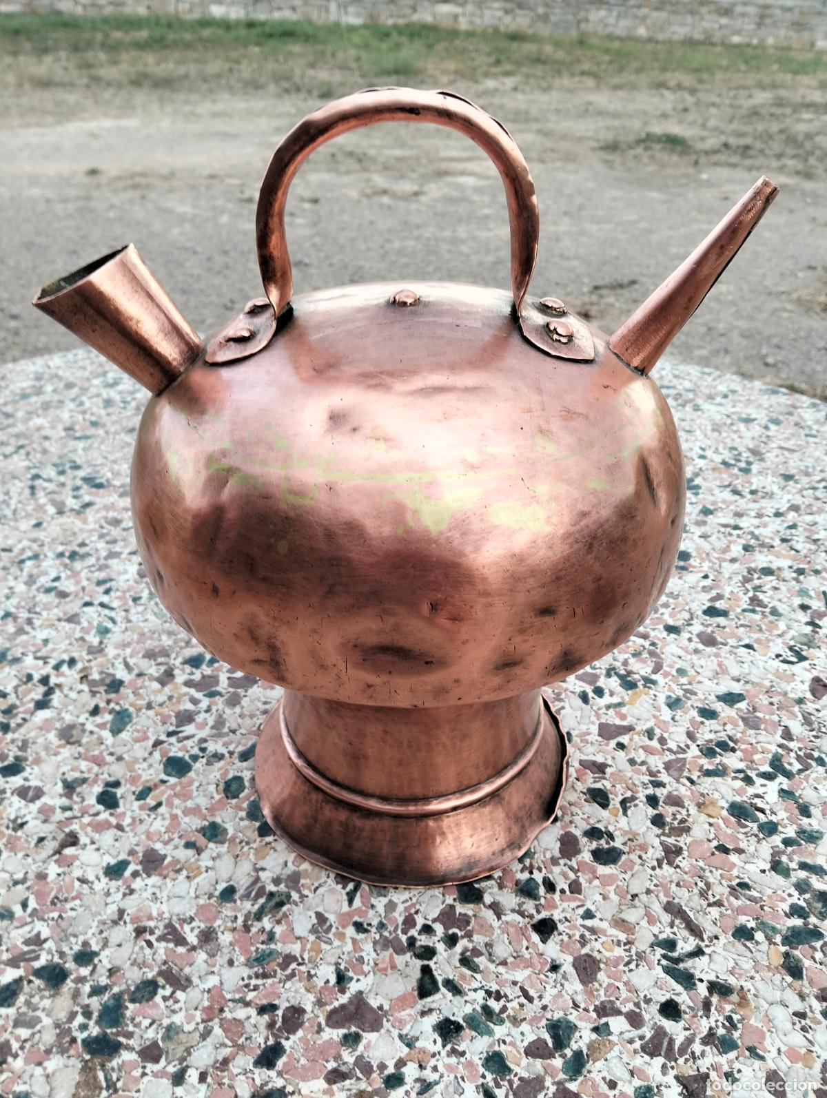 Antig&uuml;edades: Antiguo botijo c&aacute;ntaro de cobre metal c&agrave;ntir canti Catal&aacute;n labrado a mano del Siglo XIX