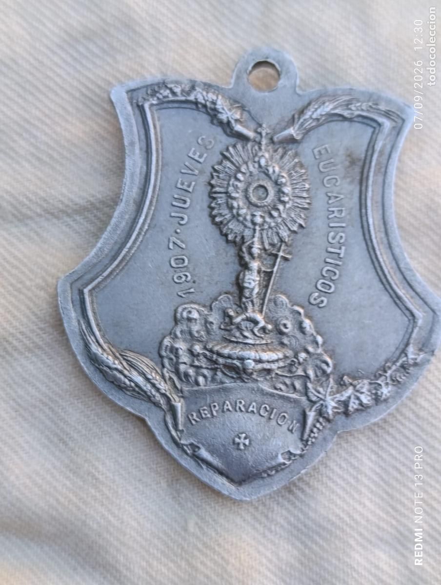 Antig&uuml;edades: Medalla Religiosa 1907 Jueves Eucaristicos Antigua de aluminio.
