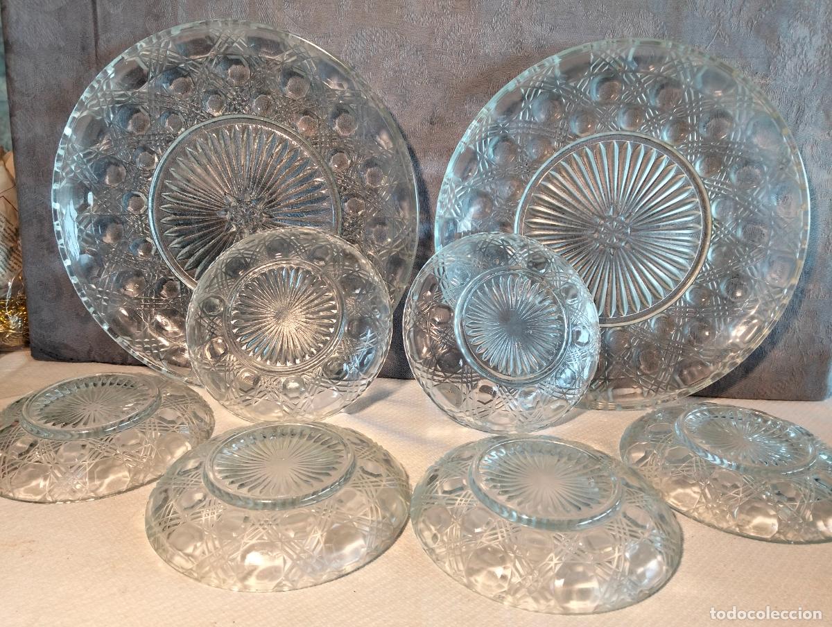 Antiques: Lote juego de cristaler&iacute;a 8 platos 2 grandes fruteras bandejas cristal prensado art dec&oacute; a&ntilde;os 50