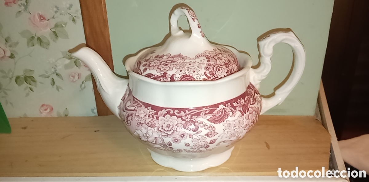 Antig&uuml;edades: Tetera con Tapa La Cartuja de Sevilla - Pickman S.A. Modelo 23 Rosa / Burdeos Inglesa - Loza Vintage
