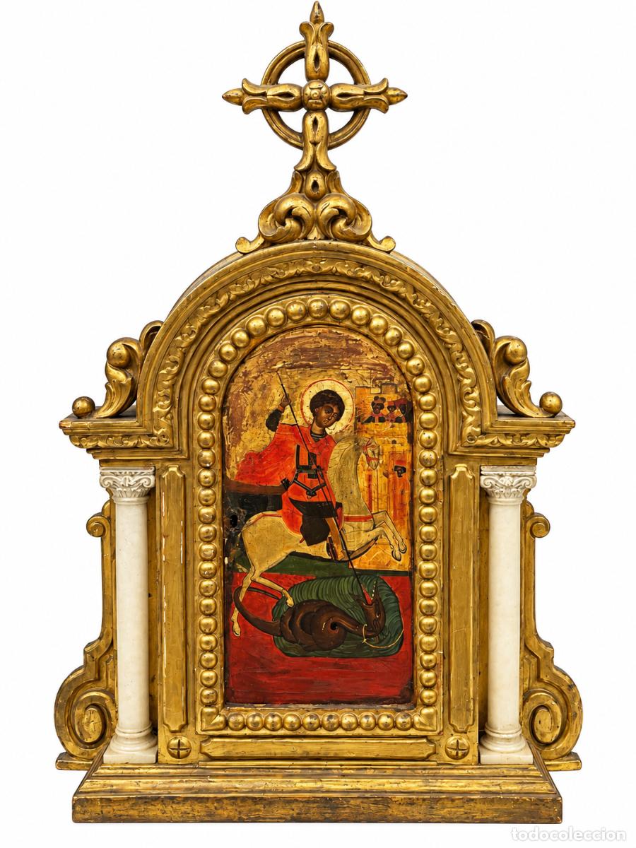 Antiques: Elegante sagrario de altar del Siglo XIX. Madera tallada, dorada y policromada Sant Jordi.