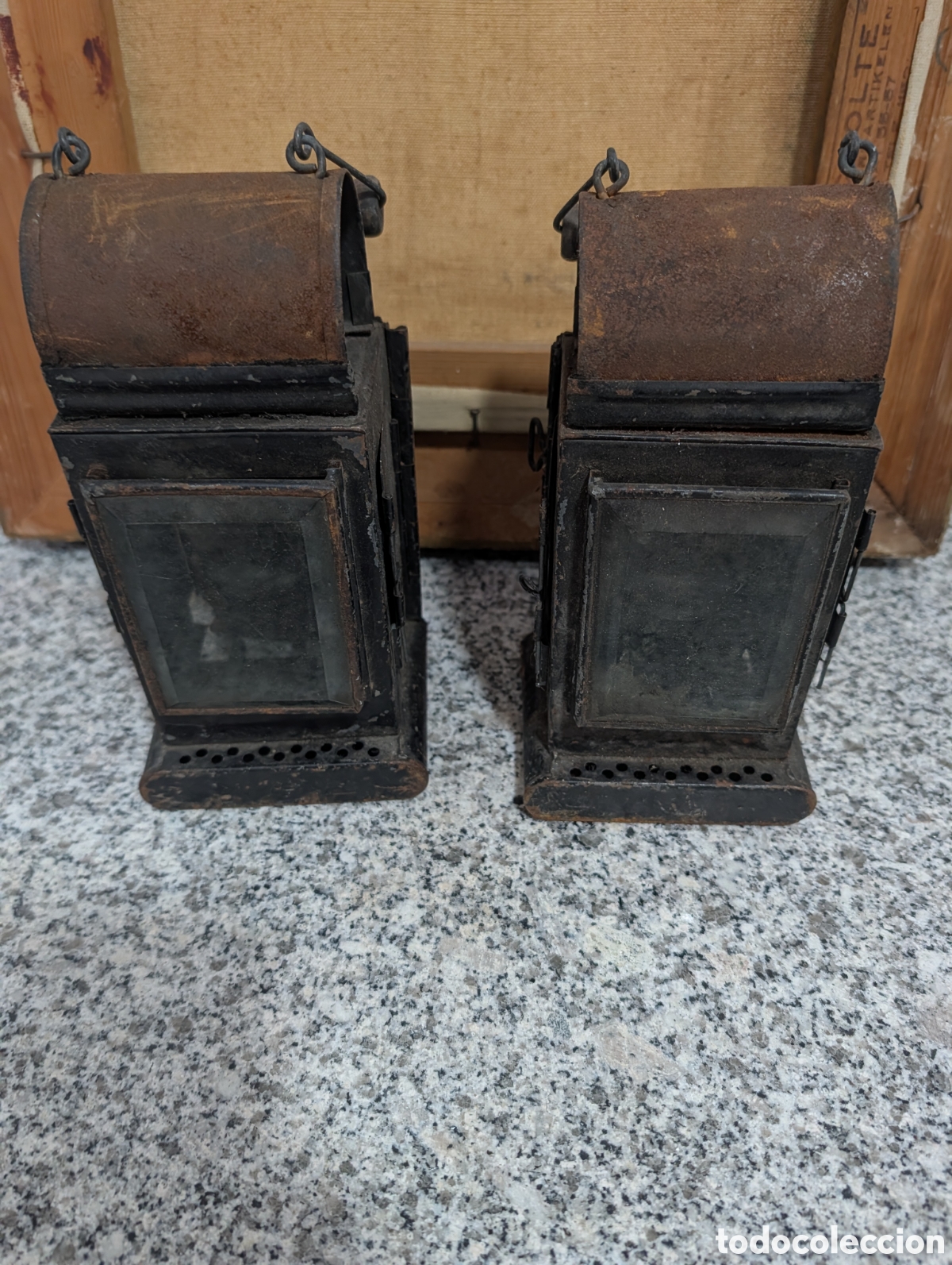 Antiquit&auml;ten: Pareja de Faroles Antiguos de Estaci&oacute;n o Ferrocarril - L&aacute;mparas de Mano de Carburo / Aceite, Siglo X