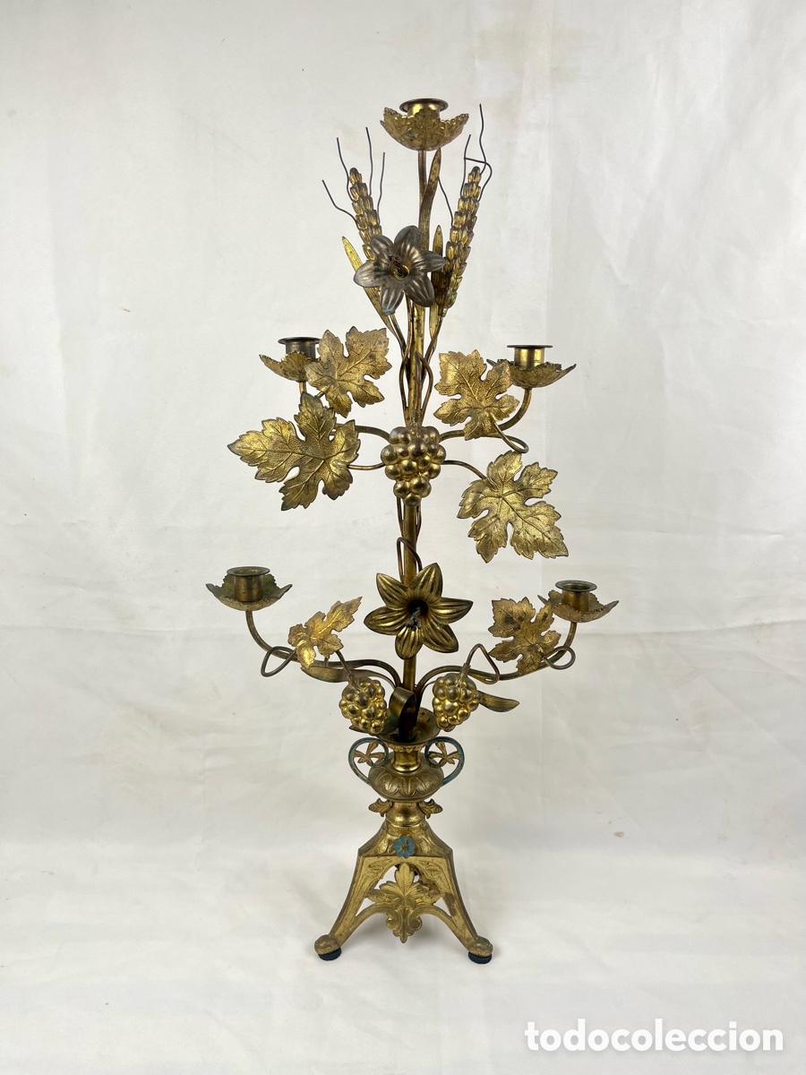 Antiguidades: ANTIGUO CANDELABRO DE ALTAR -BRONCE DORADO- UVAS Y ESPIGAS FIN SG XIX PRIN XX
