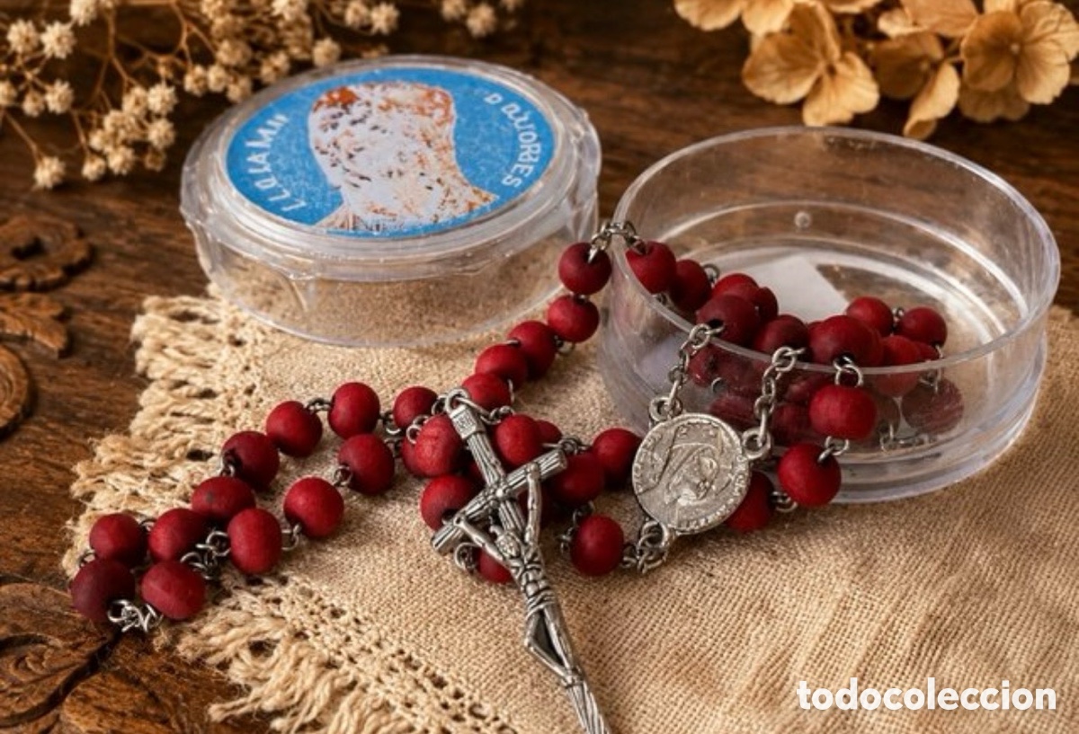 Antiquit&auml;ten: Rosario Pal de Rosa rojo con estuche Virgen 45 cm