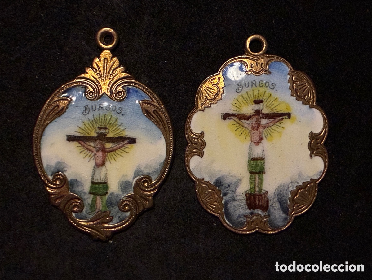 Antiquit&eacute;s: Pareja de medallas religiosas Sto Cristo de Burgos- esmaltes XIX