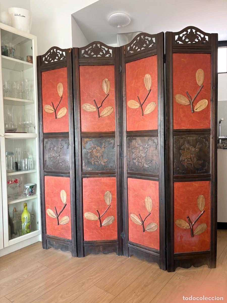 Antig&uuml;edades: ANTIGUO BIOMBO DE MADERA TALLADA Y POLICROMADA - 4 HOJAS - DECORACI&Oacute;N ARTESANAL - 185 CM