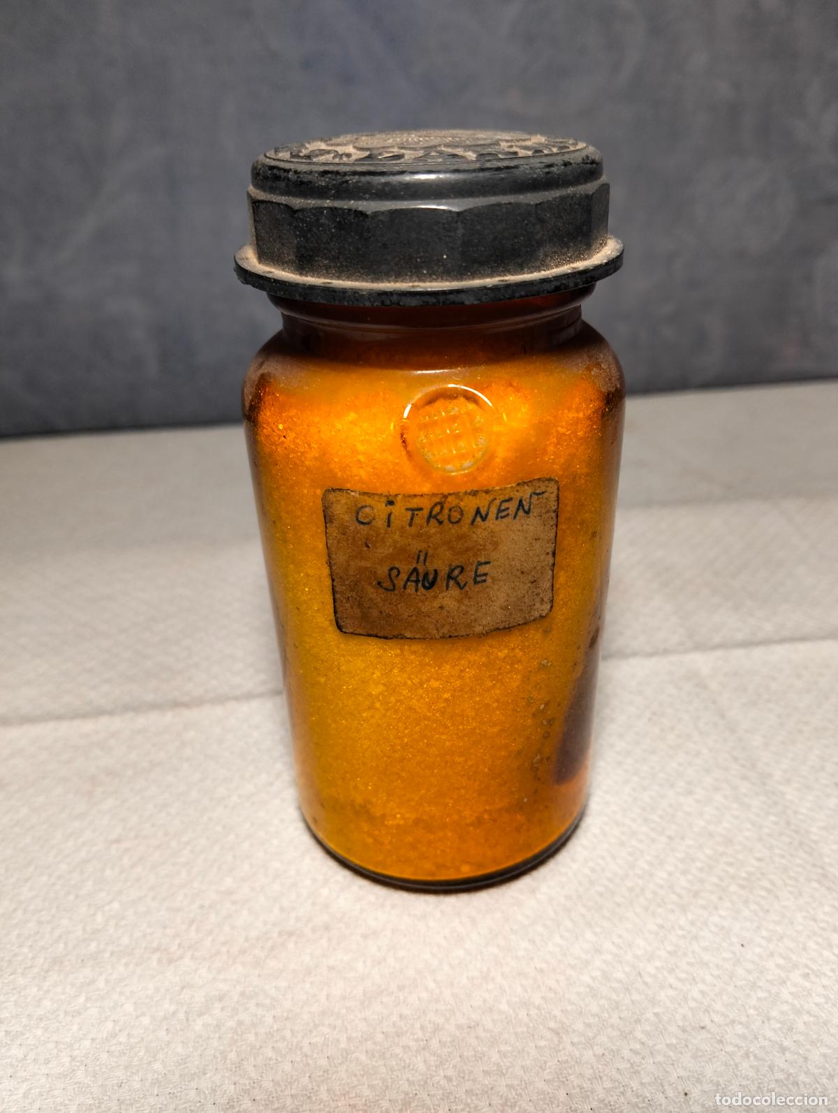 Antig&uuml;edades: Bote frasco de farmacia antiguo tap&oacute;n negro baquelita o similar Merck darmstadt e citronen saure