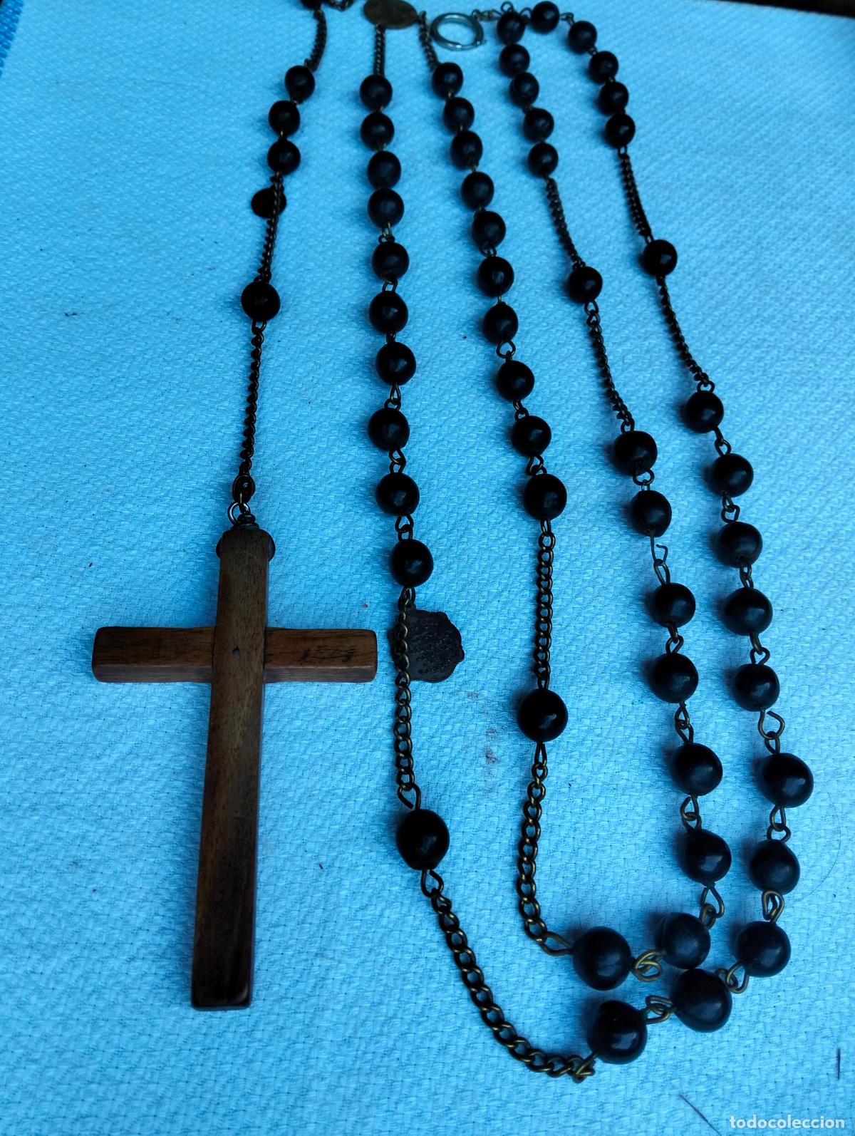 Antiguidades: Rosario antiguo cuentas negras cruz de madera marr&oacute;n nuestra se&ntilde;ora de los desamparados valencia