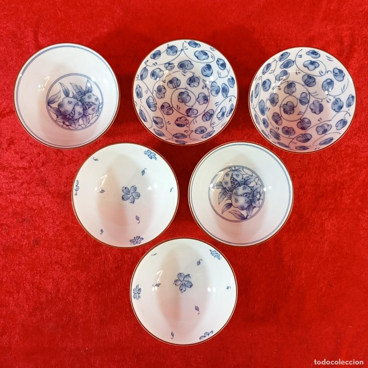 Antig&uuml;edades: CONJUNTO DE 6 BOLES DE PORCELANA JAPONESA AZUL - DECORADOS A MANO - 11,5 X 5 CM
