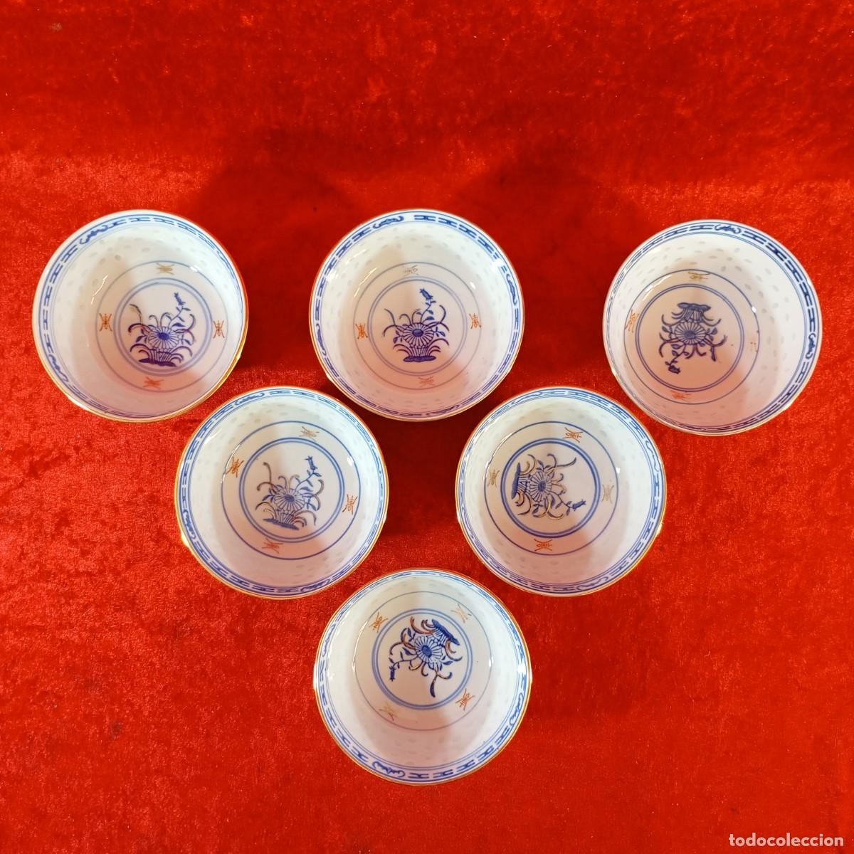 Antig&uuml;edades: CONJUNTO DE 6 BOLES DE PORCELANA CHINA AZUL - DECORADOS A MANO - 11,5 X 5 CM