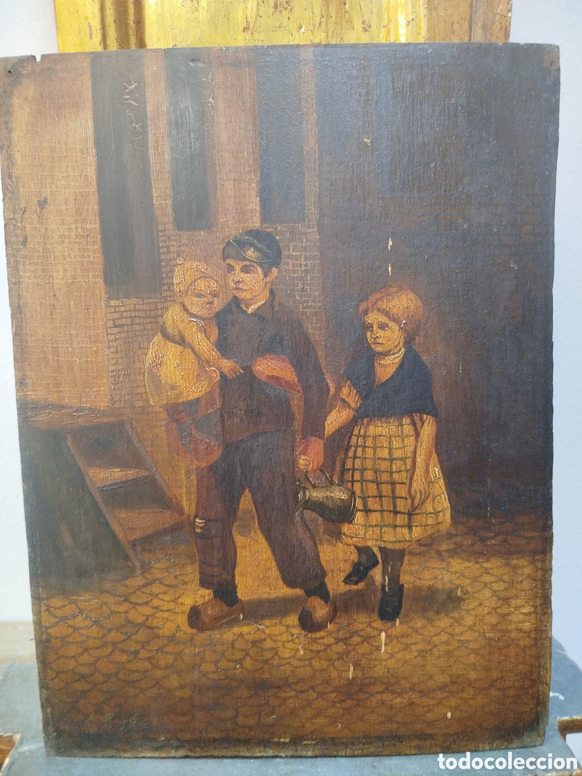 Antig&uuml;edades: Oleo sobre tabla ni&ntilde;os en la calle siglo XIX