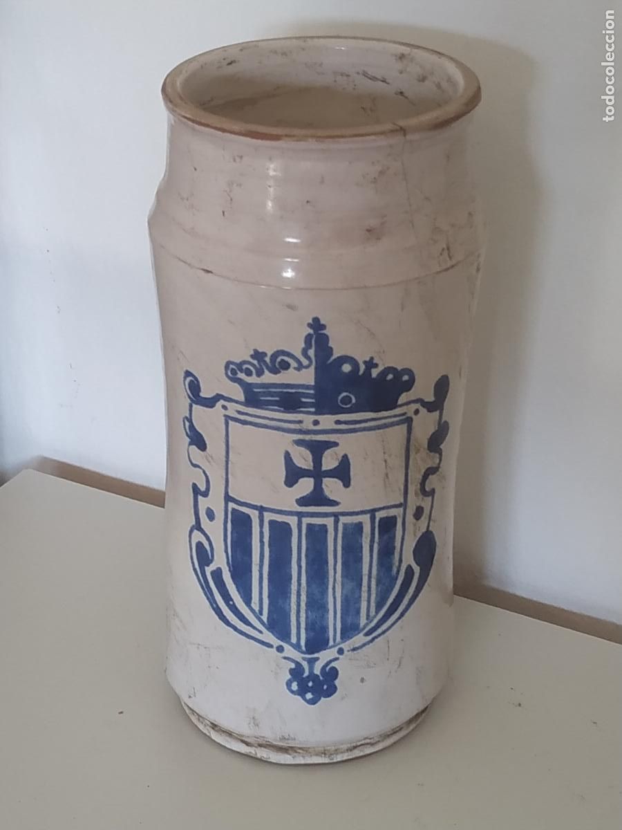 Oggetti Antichi: Albarelo bote farmacia cer&aacute;mica conventual escudo mercedarios seg&uacute;n modelo S. XVIII