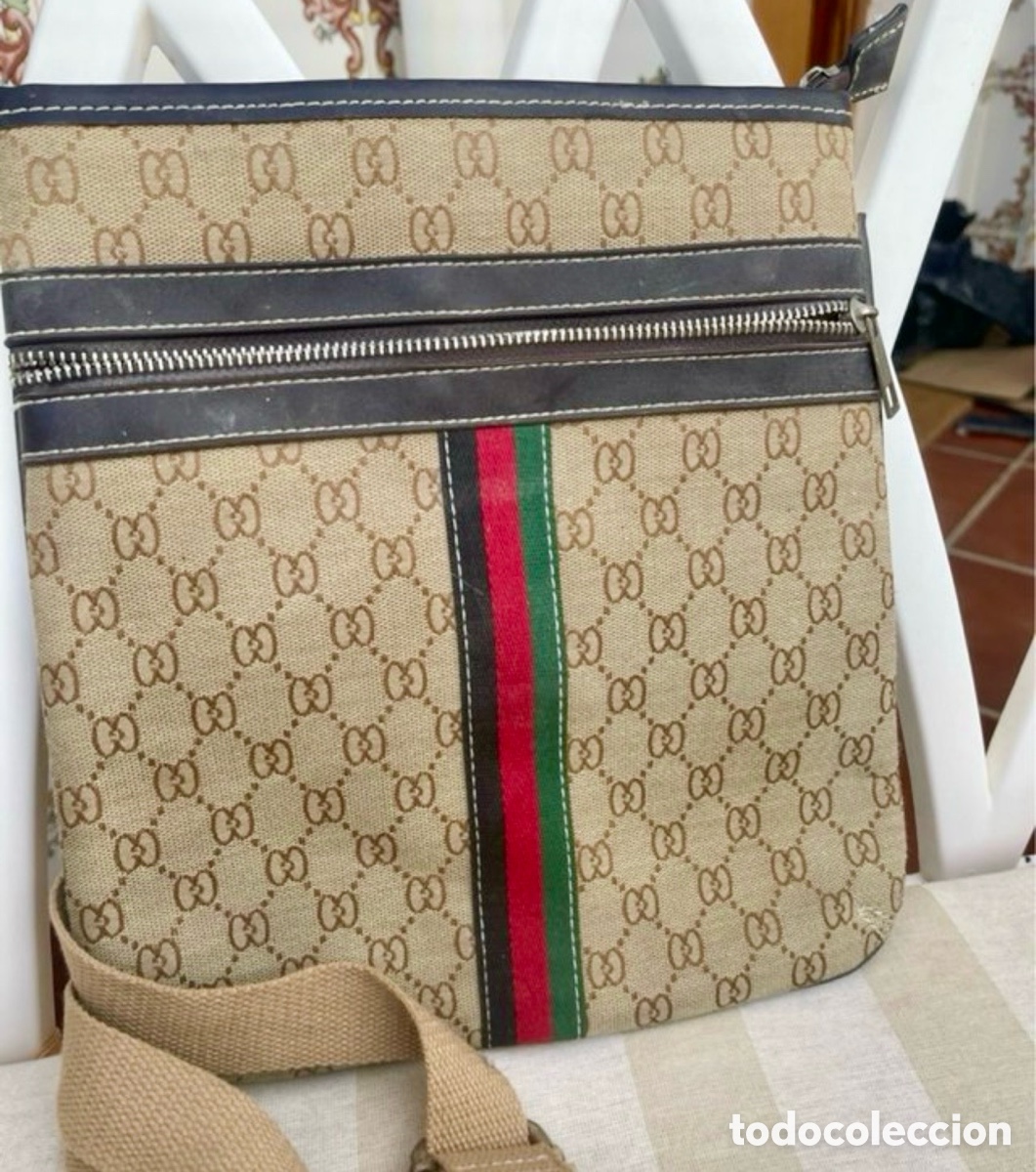 Antig&uuml;edades: Bolso bandolera estilo Gucci beige y camel 27 cm