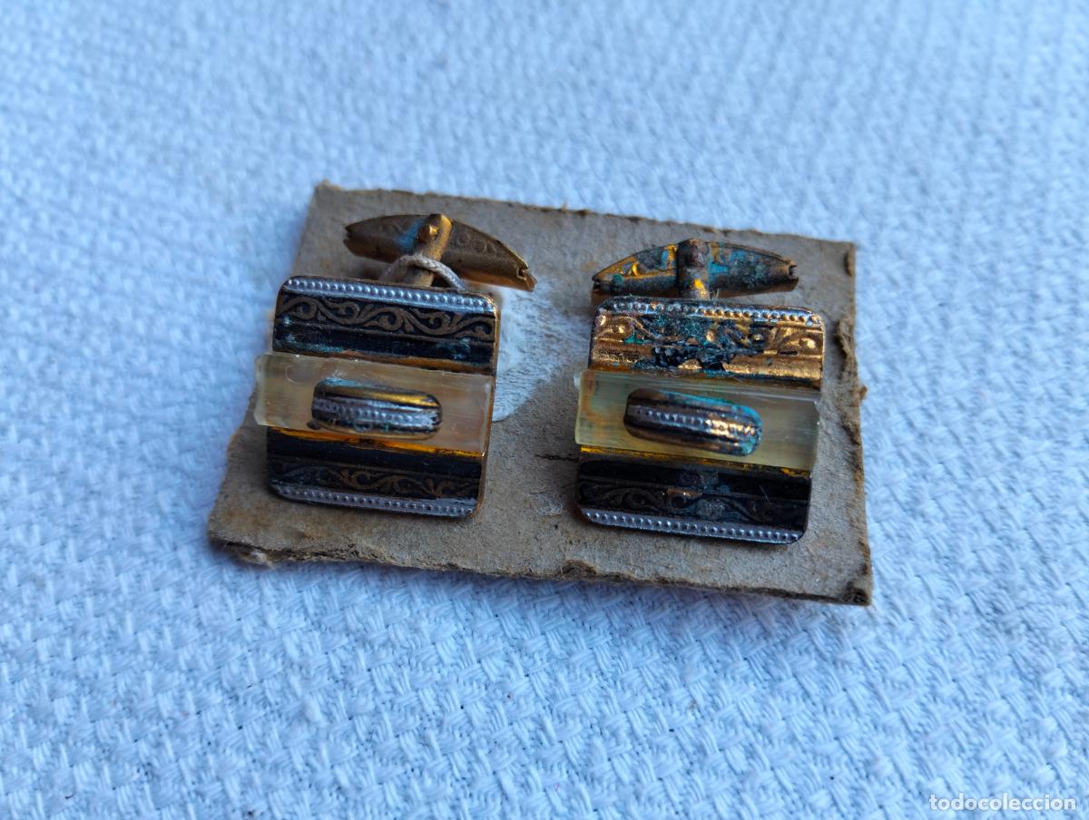 Antiguidades: Pareja de gemelos antiguos color dorado negro steampunk botones de pu&ntilde;o para traje a&ntilde;os 40-50