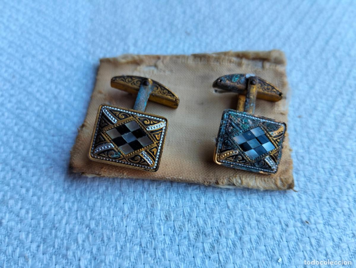 Antiguidades: Pareja de gemelos antiguos color dorado negro steampunk botones de pu&ntilde;o para traje a&ntilde;os 40-50