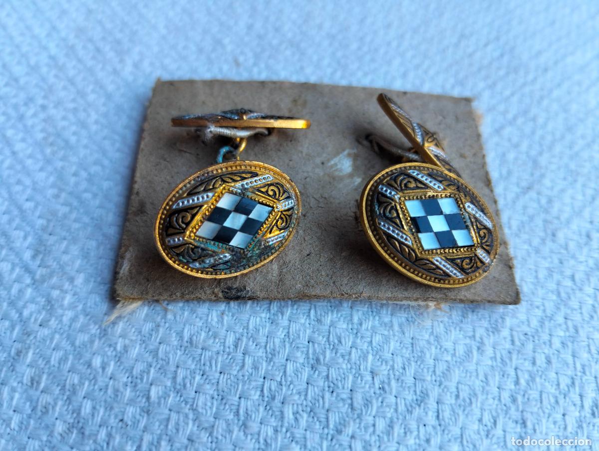 Antiguidades: Pareja de gemelos antiguos color dorado negro steampunk botones de pu&ntilde;o para traje a&ntilde;os 40-50