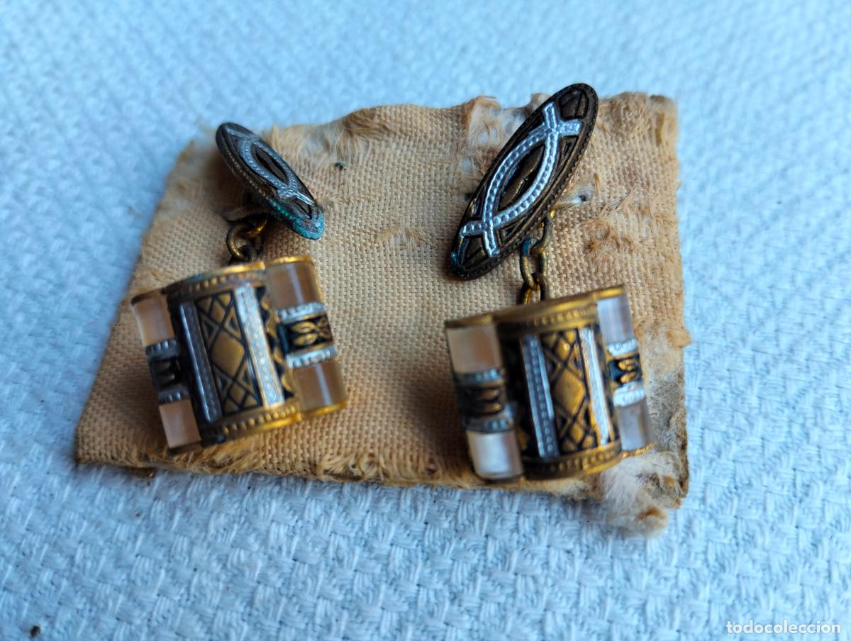 Antiguidades: Pareja de gemelos antiguos color dorado negro steampunk botones de pu&ntilde;o para traje a&ntilde;os 40-50