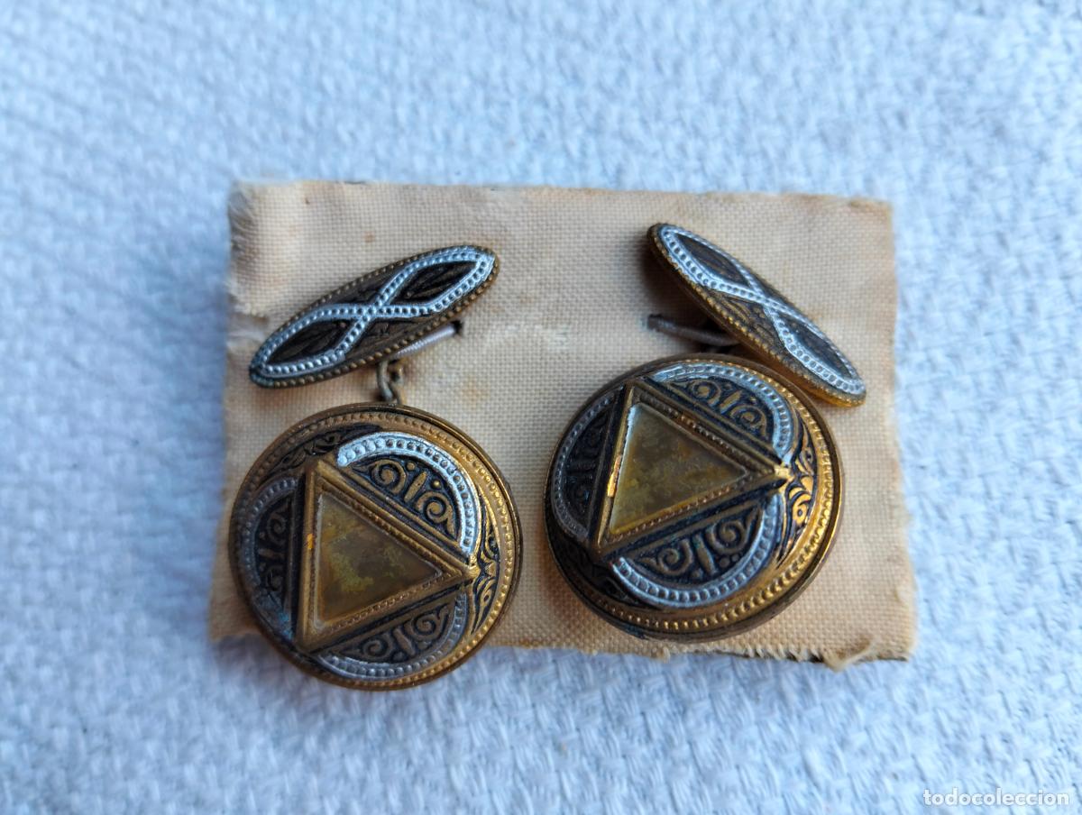 Antiguidades: Pareja de gemelos antiguos color dorado negro steampunk botones de pu&ntilde;o para traje a&ntilde;os 40-50