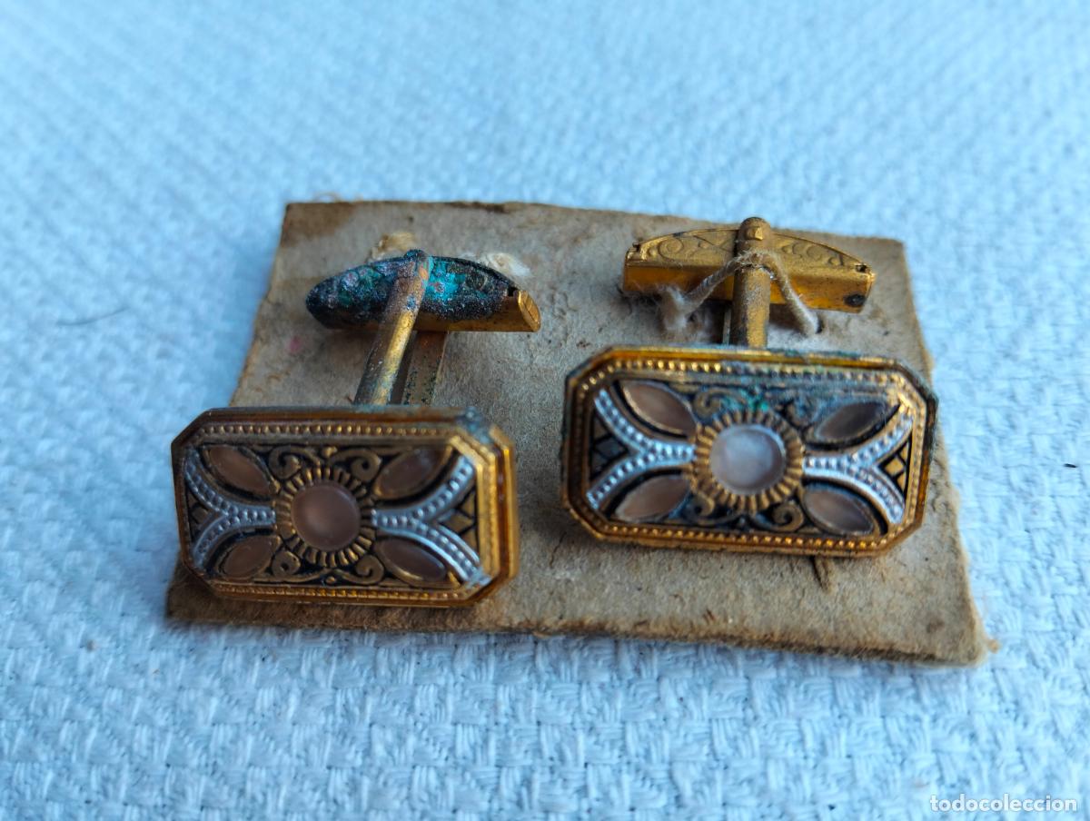 Antiguidades: Pareja de gemelos antiguos color dorado negro steampunk botones de pu&ntilde;o para traje a&ntilde;os 40-50