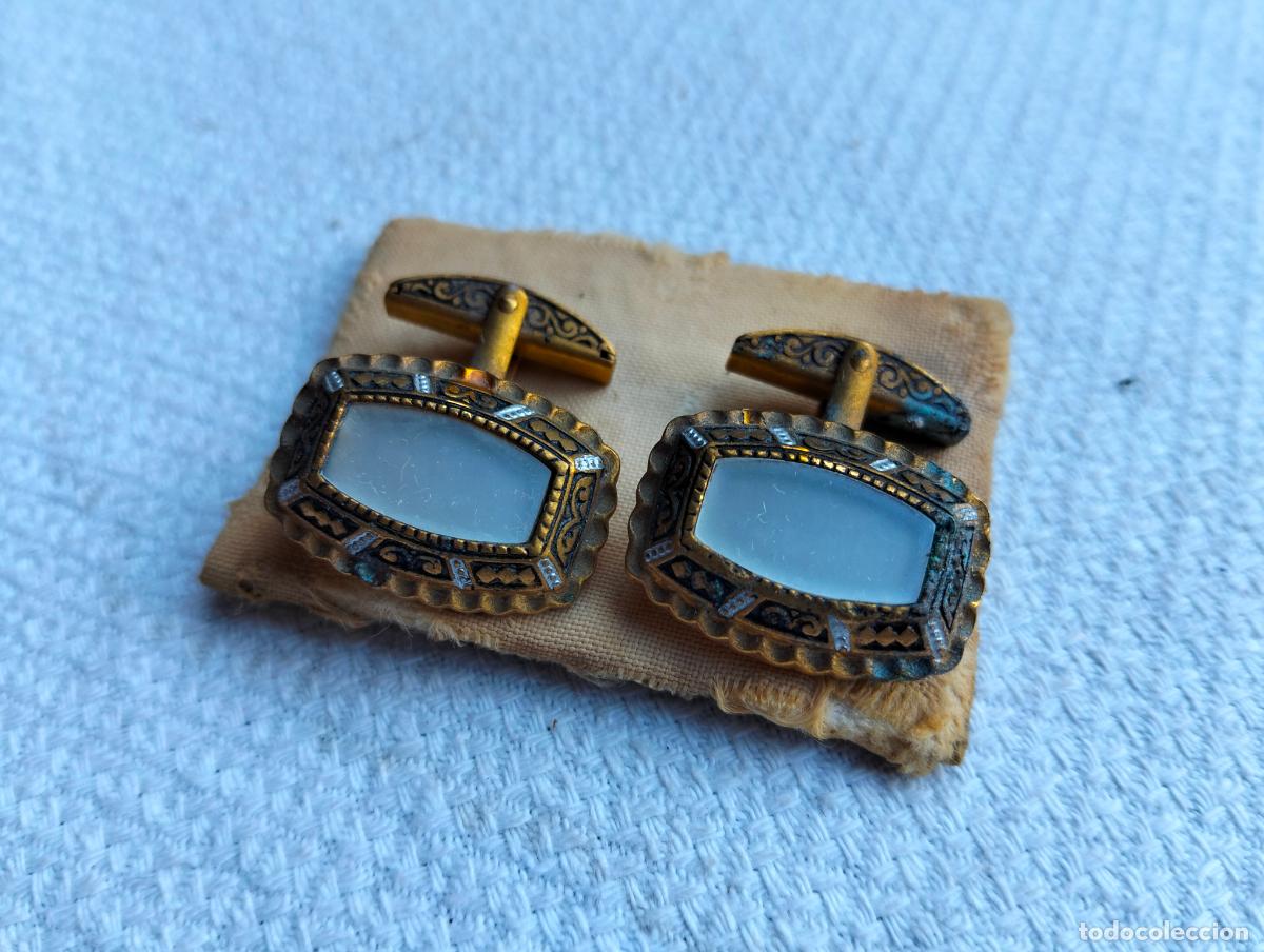 Antiguidades: Pareja de gemelos antiguos color dorado negro steampunk botones de pu&ntilde;o para traje a&ntilde;os 40-50