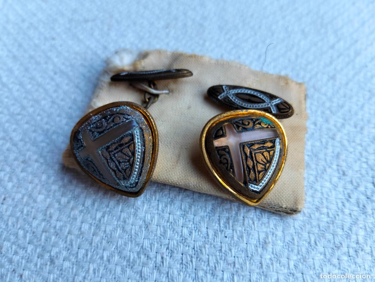 Antig&uuml;edades: Pareja de gemelos antiguos color dorado negro steampunk botones de pu&ntilde;o para traje a&ntilde;os 40-50