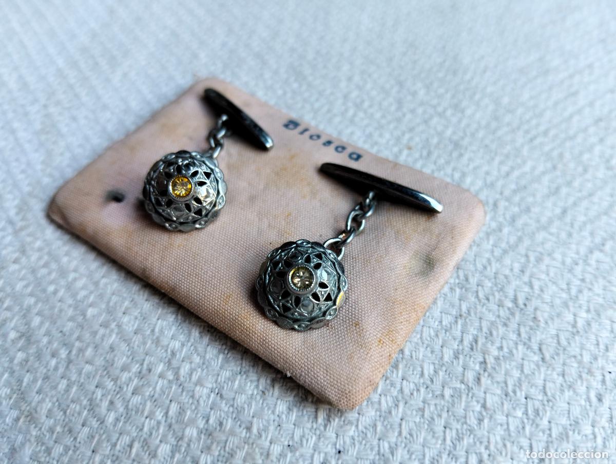 Antiquit&auml;ten: Pareja de gemelos antiguos color plateado cristalito steampunk botones de pu&ntilde;o para traje a&ntilde;os 40-50