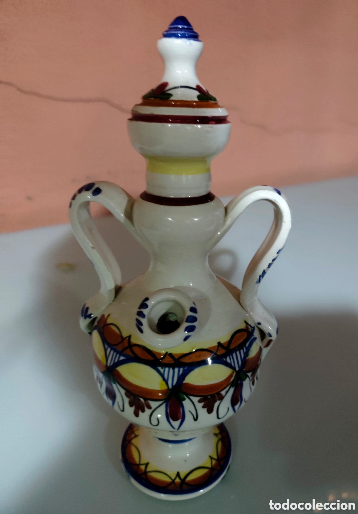 Antig&uuml;edades: Botijo cer&aacute;mica esmaltada antiguo. 30 cm