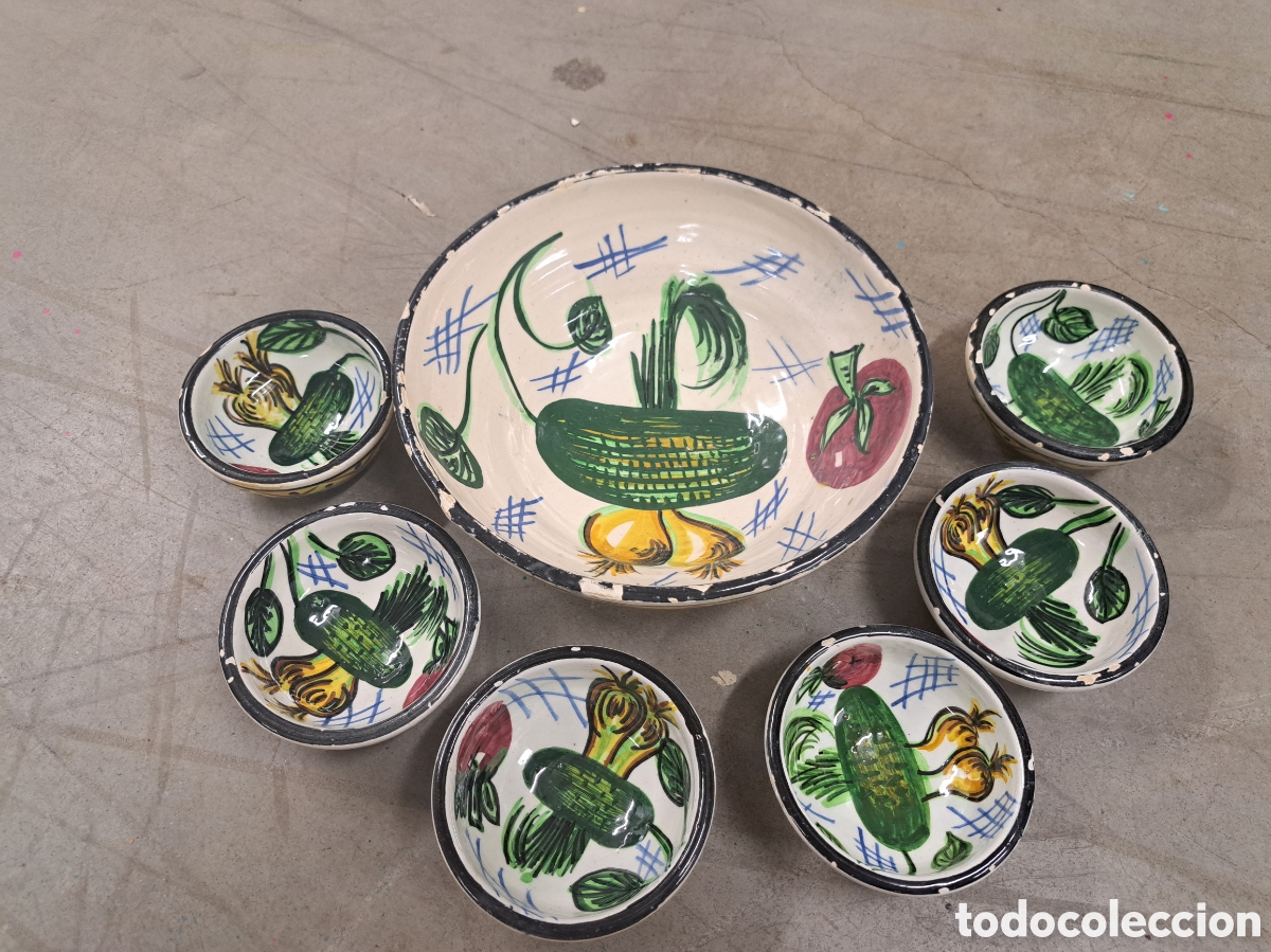 Antig&uuml;edades: Jml Antiguo Juego conjunto fuente y pozillos barro cocido y pintado a mano cocina