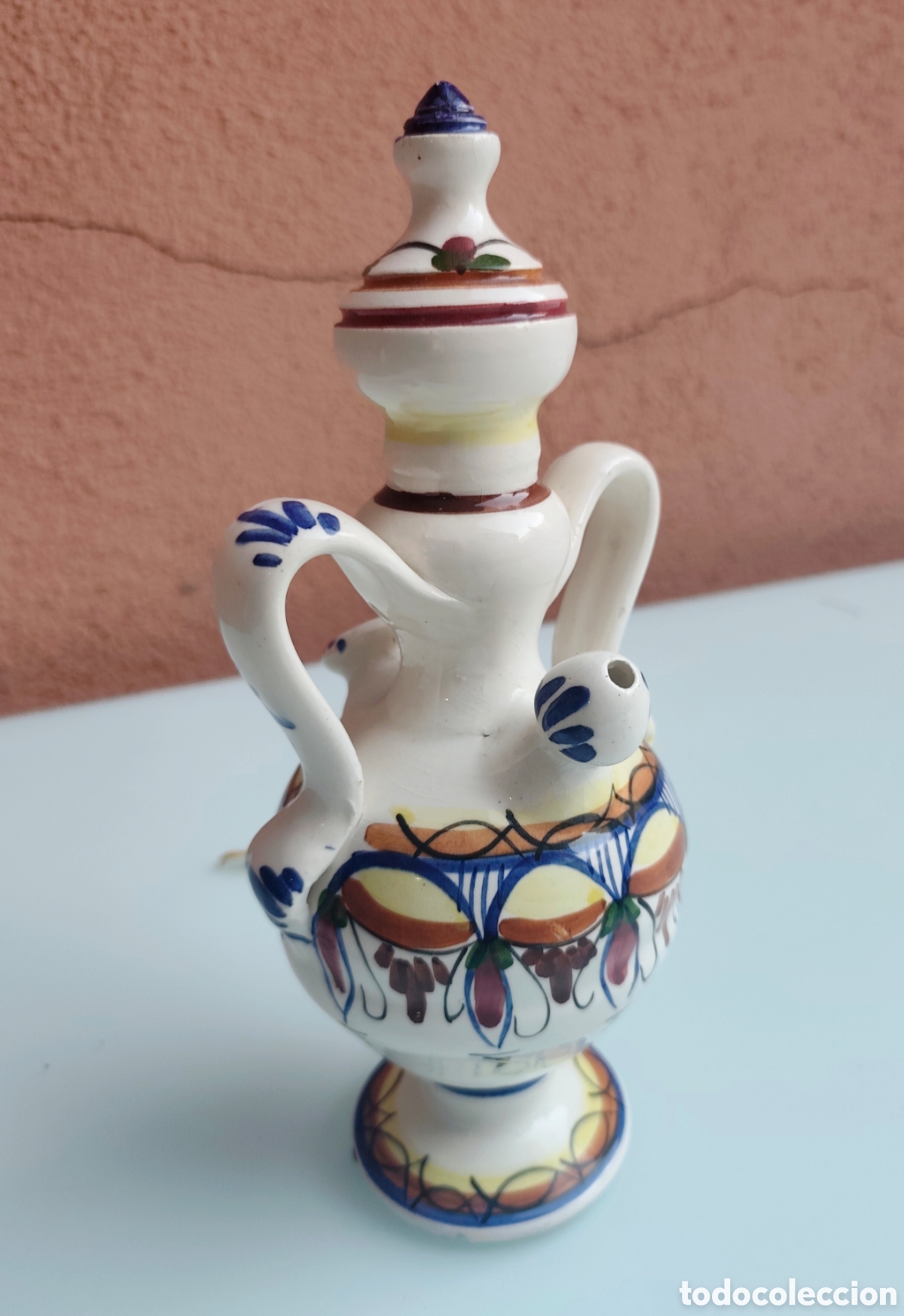 Antig&uuml;edades: Botijo cer&aacute;mica esmaltada antiguo. 30 cm