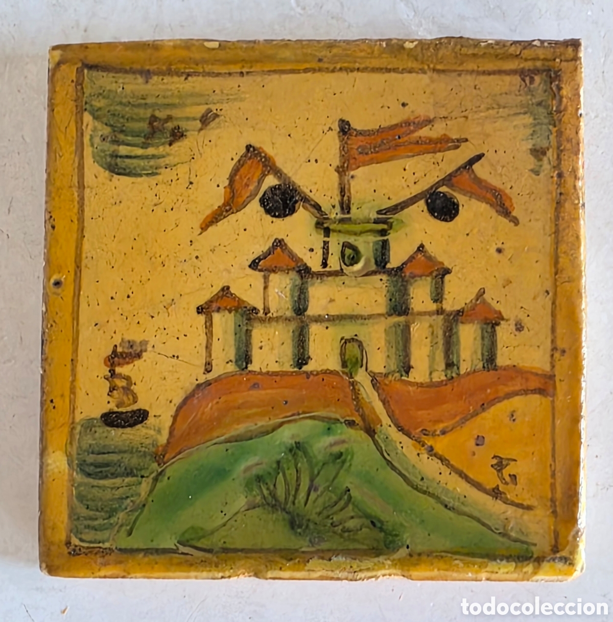 Antig&uuml;edades: Peque&ntilde;o Azulejo Castillo a Orillas del Mar Banderas - Cer&aacute;mica - Decoraci&oacute;n R&uacute;stica Marinera Barco