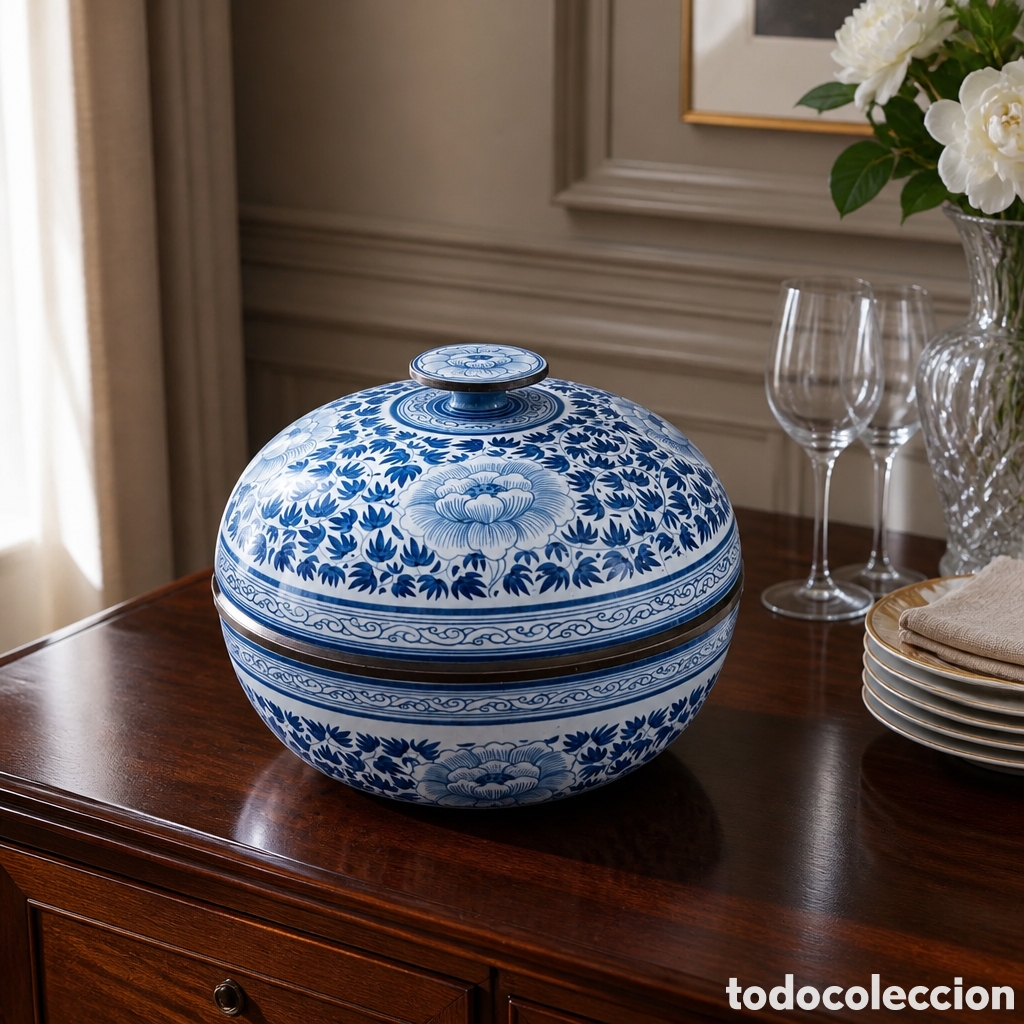 Antig&uuml;edades: GRAN CAJA DE PORCELANA CHINA DECORADA A MANO CON MOTIVOS FLORALES EN AZUL REMATES EN LATON .